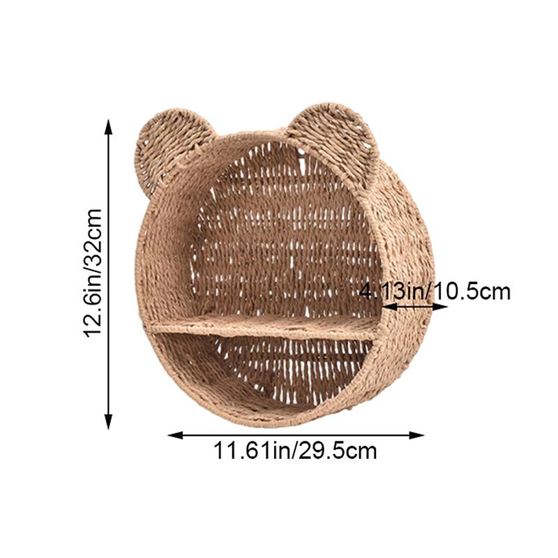 Cute Bear Ear Wall Mounting Shelf Rattan Wall Shelves Small Plant Display Storage Rack Home Decors Woven Hanging Storage Basket