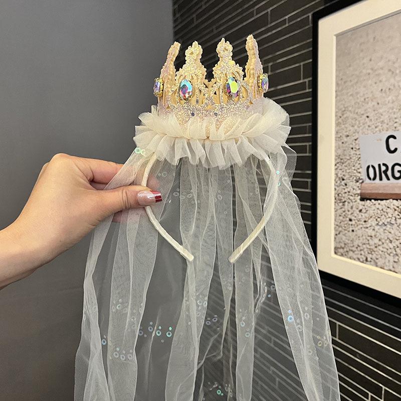 Voal cu Fundă din Dantelă Vintage, Diademă cu Strasuri, Bentiță pentru Fete