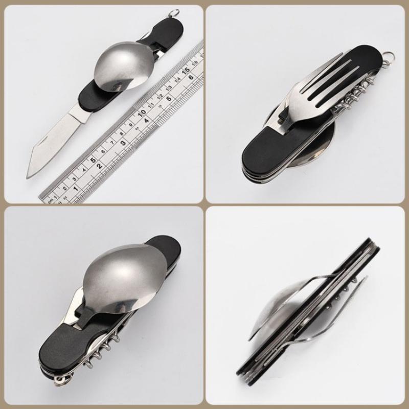 4 In 1 Folding Tableware Detachable Camping Utensils Stainless Steel Knife Fork Spoon Opener Portable Outdoor Travel Cutlery