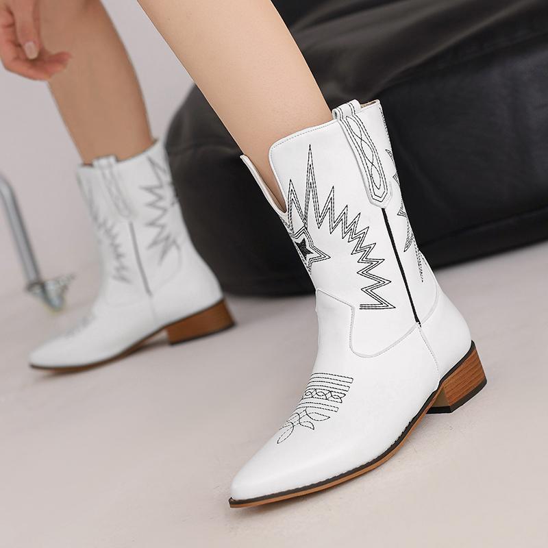 Embroidered Five-Star Women's Short Barrel Western Boots Artificially Embroidered Pointed Toe Plush Lining Slip-On Ankle Boots
