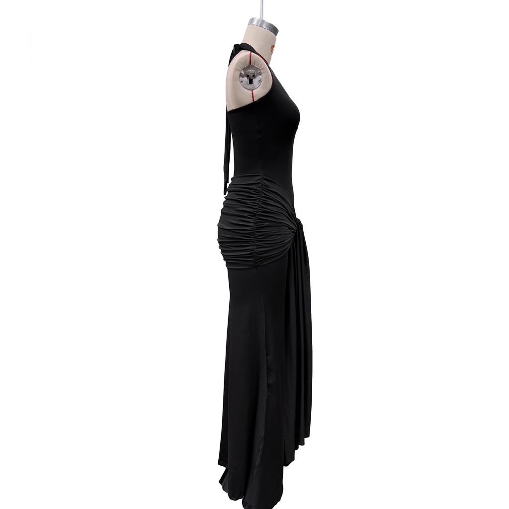 2026 European & American Women's Sleeveless U-Neck Slim-Fit Evening Gown with Waist-Cinched Ribbon