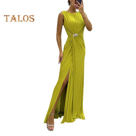 Abendkleid für Damen, plissiert, Schlitzsaum, bodenlang, einfarbig, Strass-Dekor, ärmellos, Rundhalsausschnitt, hohe Taille, Strass-Dekor, Abschlussball, Cocktailparty