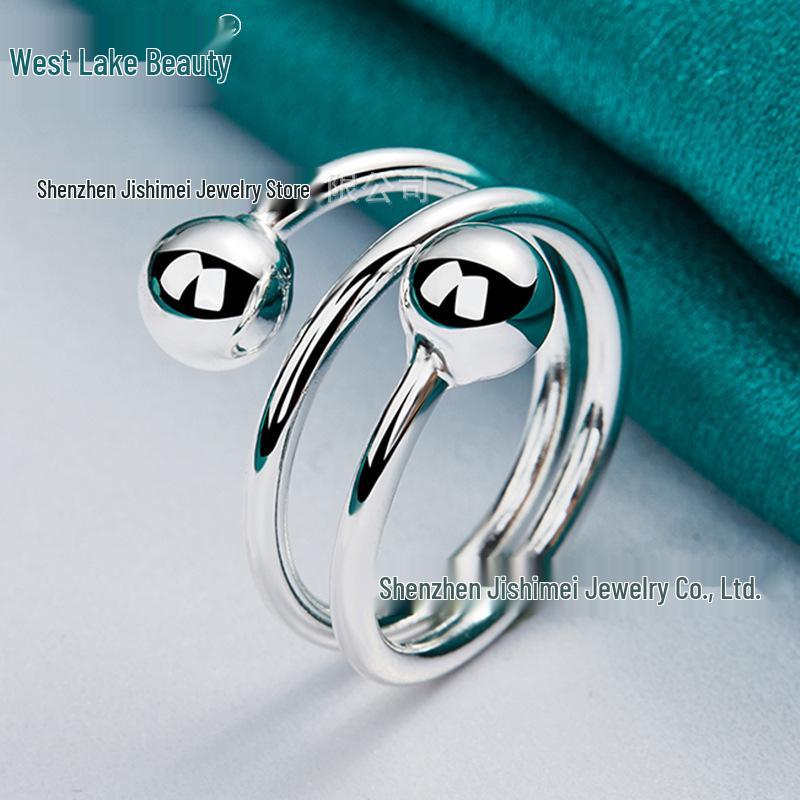 West Lake Beauty Sterling Silver Small Round Bead Open Ring - Classic Ladies' Fashion Jewelry