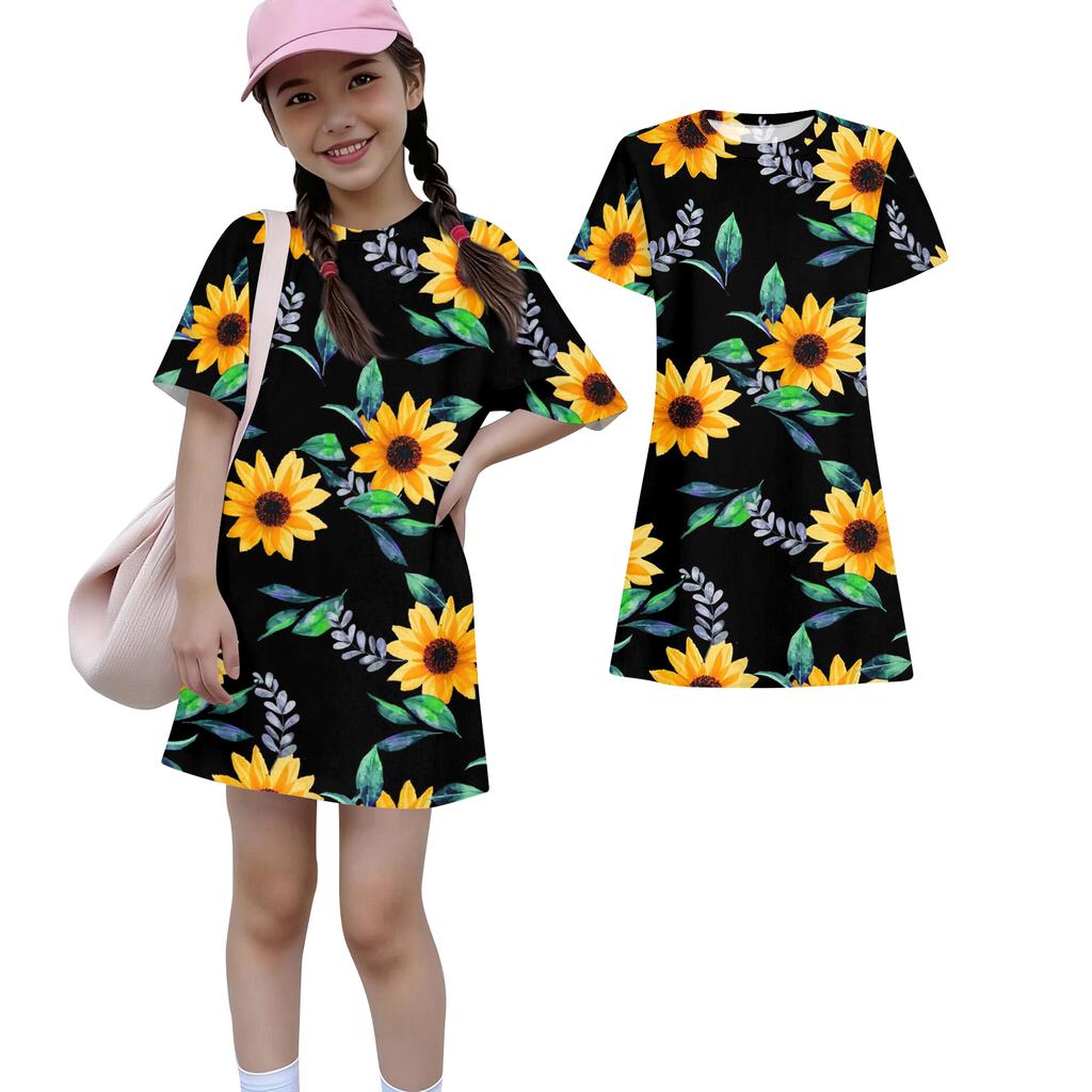 Girls Print Casual Dress Kids Loose Round Neck Short Sleeve Thin Sundress