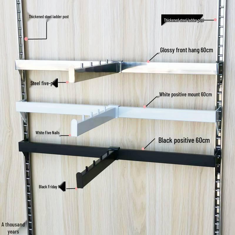 Black & White Clothing Store Stainless Steel Wall-Mounted Display Rack with Side Hooks and Shelving Brackets