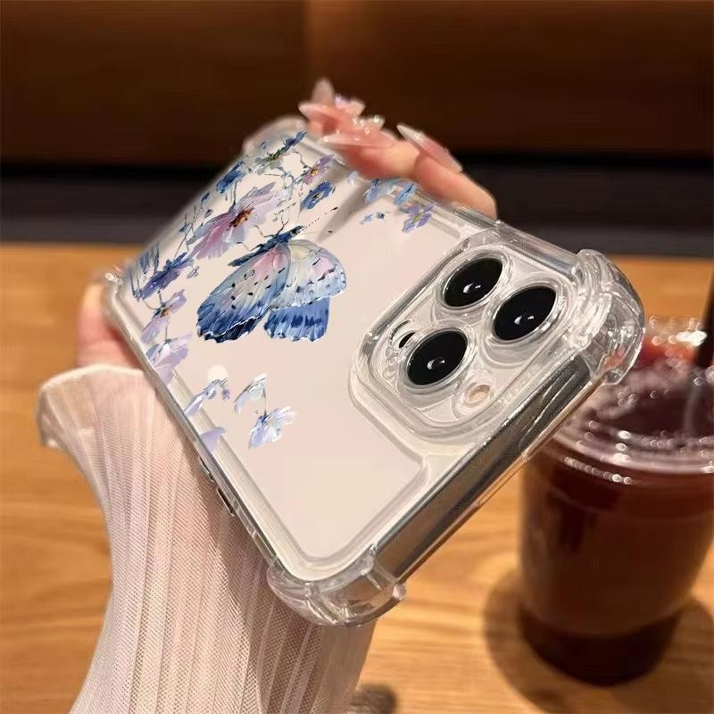 Blue And Pink Butterfly Flower Pattern Transparent Phone Case For iPhone 17 Air 16 15 14 13 12 11 Pro Max XS XR X 14 Plus Cover