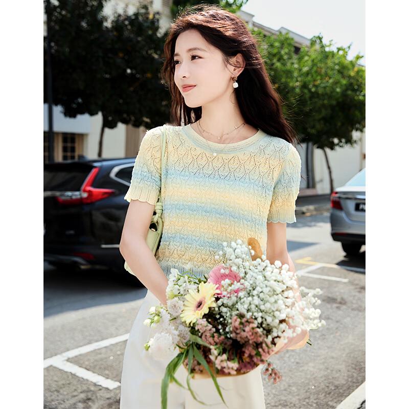 Xiangying Women s Gradient Hollow Knit Short Sleeve T-Shirt M