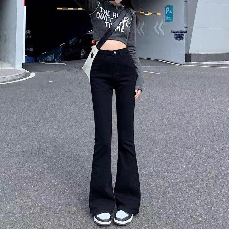 

Women s Black Micro Flare Jeans - Slimming, Stretchy, High-Waisted, Korean Style Bell Bottom Pants 2026. XS чёрный