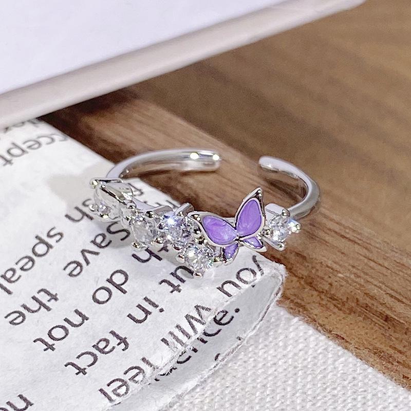 Purple Romantic~ Butterfly Sweet Cool Enamel Dripping Oil Zir*****Pening Ring Exquisite Stacking Temperament Ring Woman