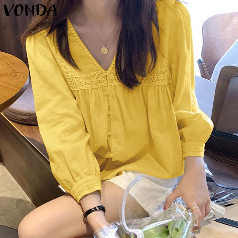 VONDA Women Casual Lace V-Neck Lantern Long Sleeve Blouses