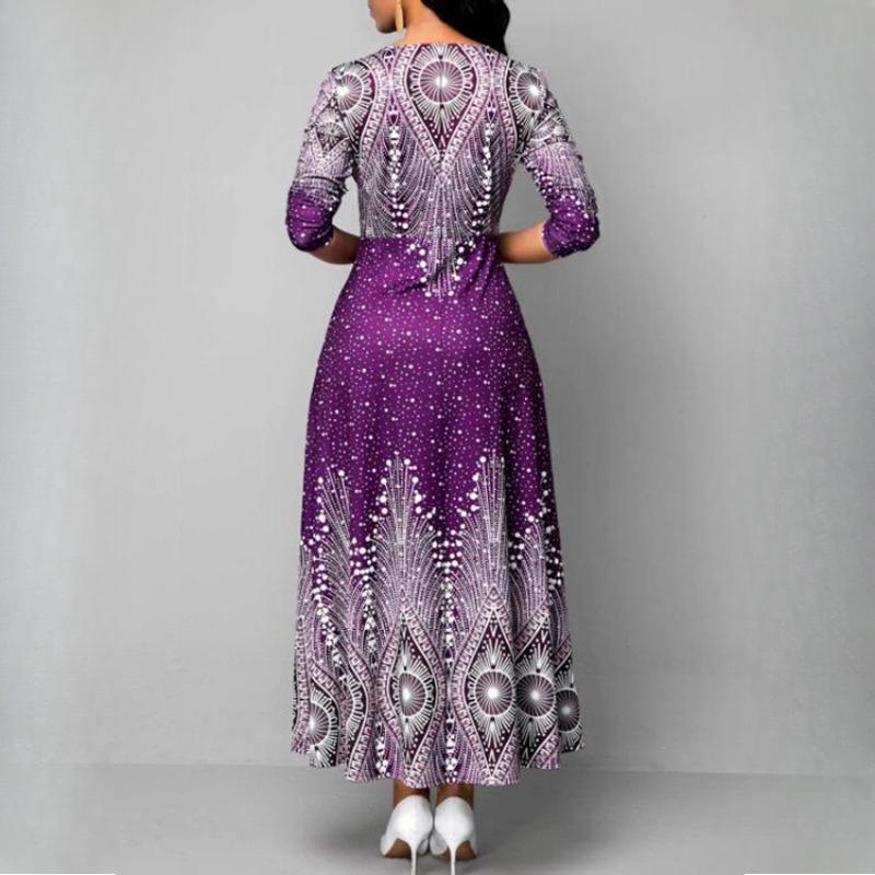 QICED Women's O-neck Vintage Print Long Sleeve Maxi Dress Spring Autumn