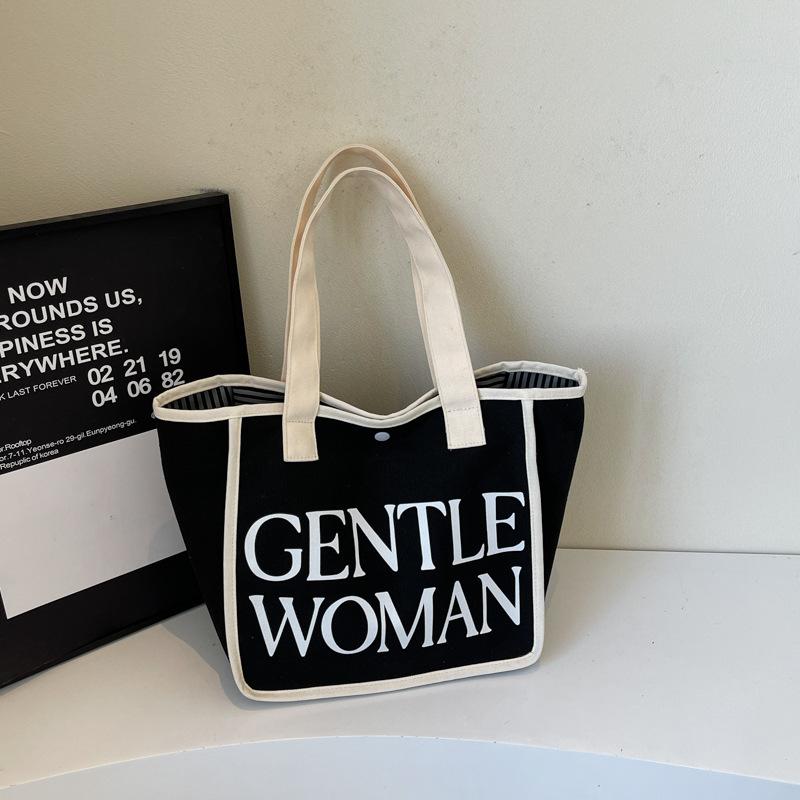 Large-capacity Canvas Bag Women's New Fashion Contrasting Color Versatile Shoulder Bag Commuter Tote Bag