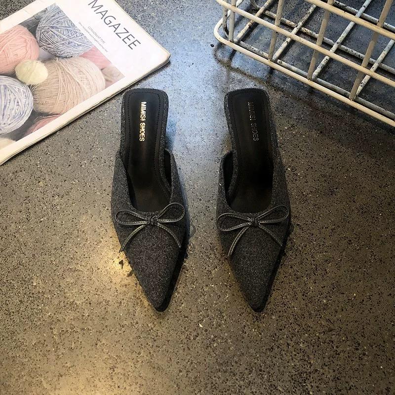 Fashion Aphixta Sweet Butterfly Knot Design Heels Slippers Flannel Upper Pointed Toe Summer Slip On Slides Fashion Green Baby Pink Shoes