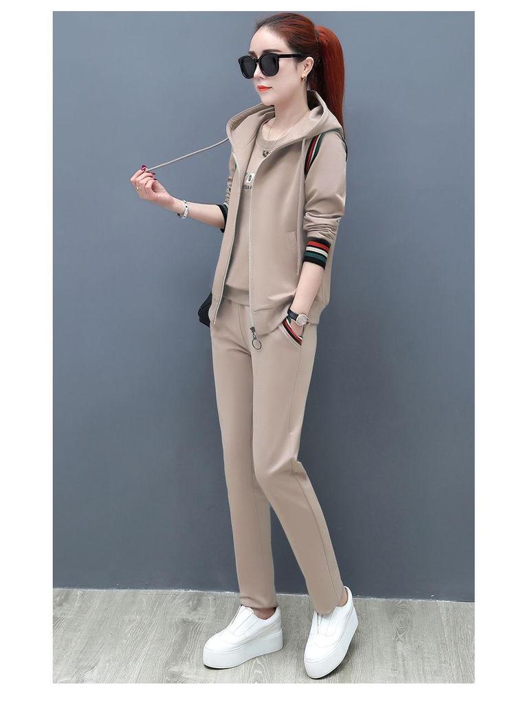 2023 Women's Korean Fashion Three-Piece Set: Long-Sleeve Sweatshirt, Vest, Plus Size Casual Sportswear for Spring & Autumn