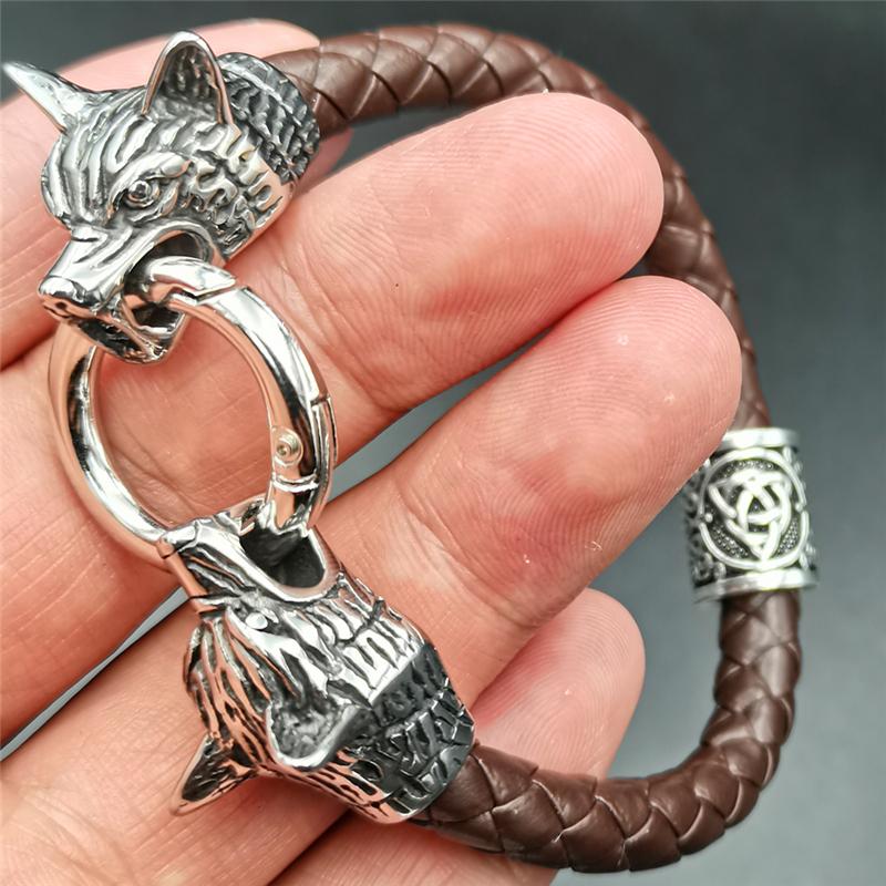 Wolf Head Bracelet Stainless Steel Viking Rune Bead Leather Bracelet Jewelry For Women Men Unisex Gift