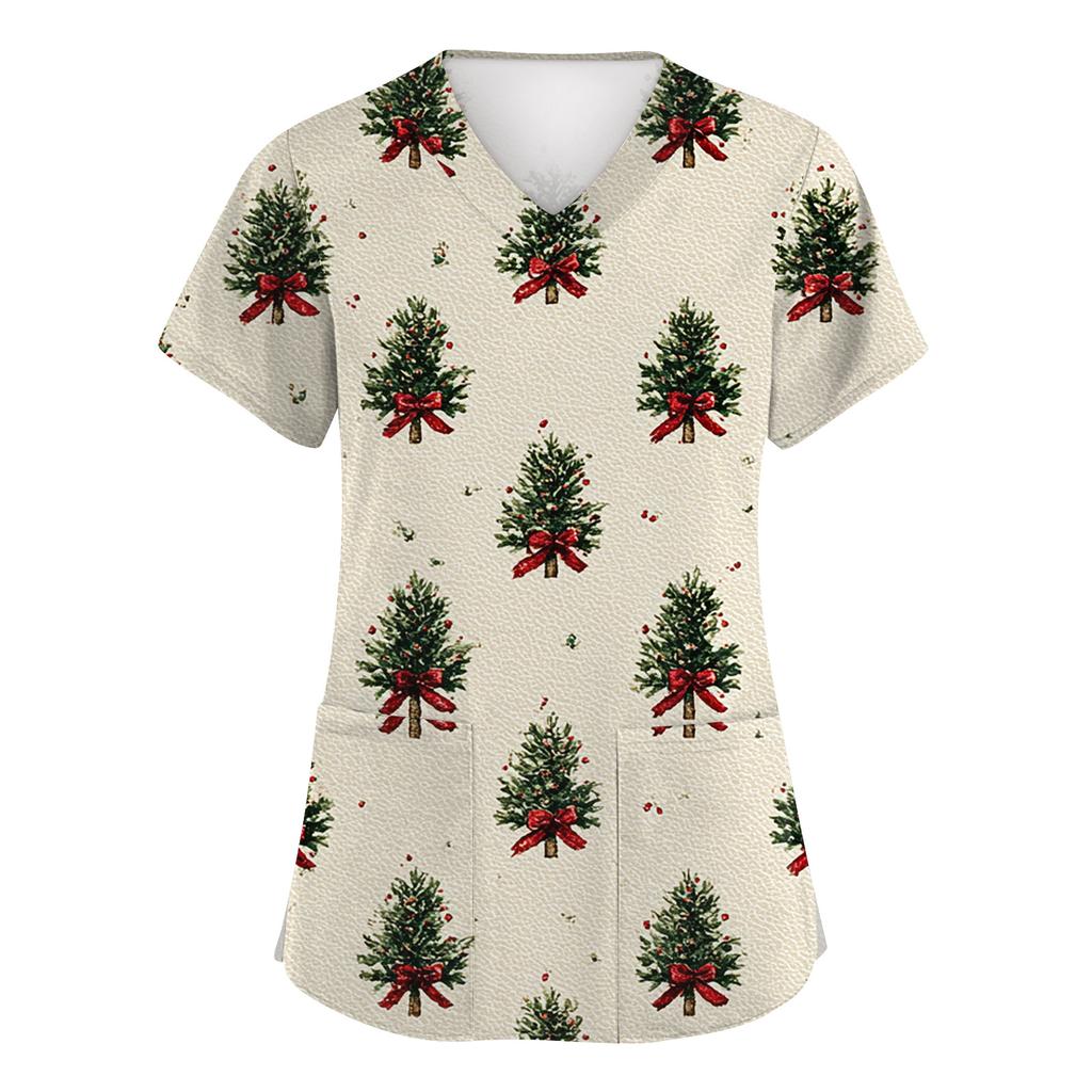 Damska Moda Krótki Rękaw Świąteczny Nadruk Dekolt V Kieszeń Odzież Robocza Top