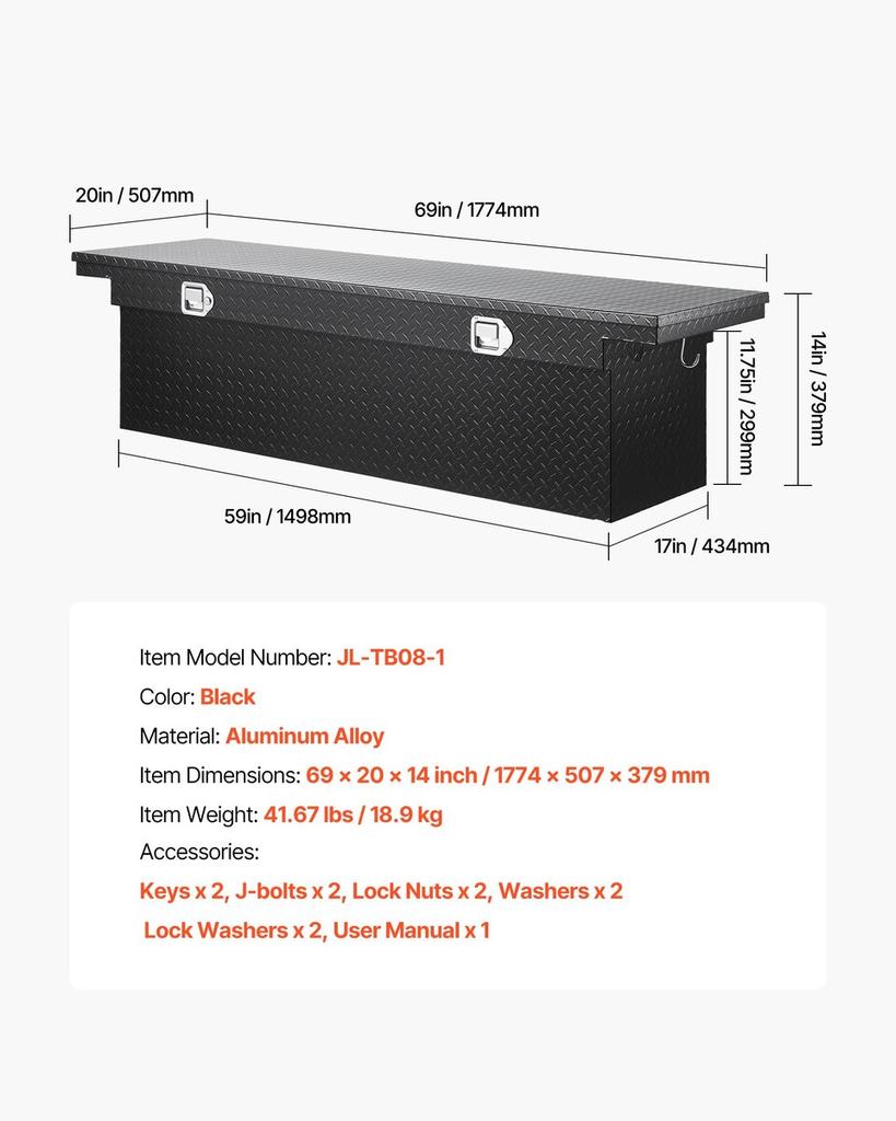 Crossover Truck Werkzeugkasten, 69x20x14 Zoll, Robuster Aluminium-Werkzeugkasten mit Rautenstruktur, Werkzeugkasten für Pickup-Ladefläche, Wohnmobil, Anhänger, Wasserdichte Aufbewahrung