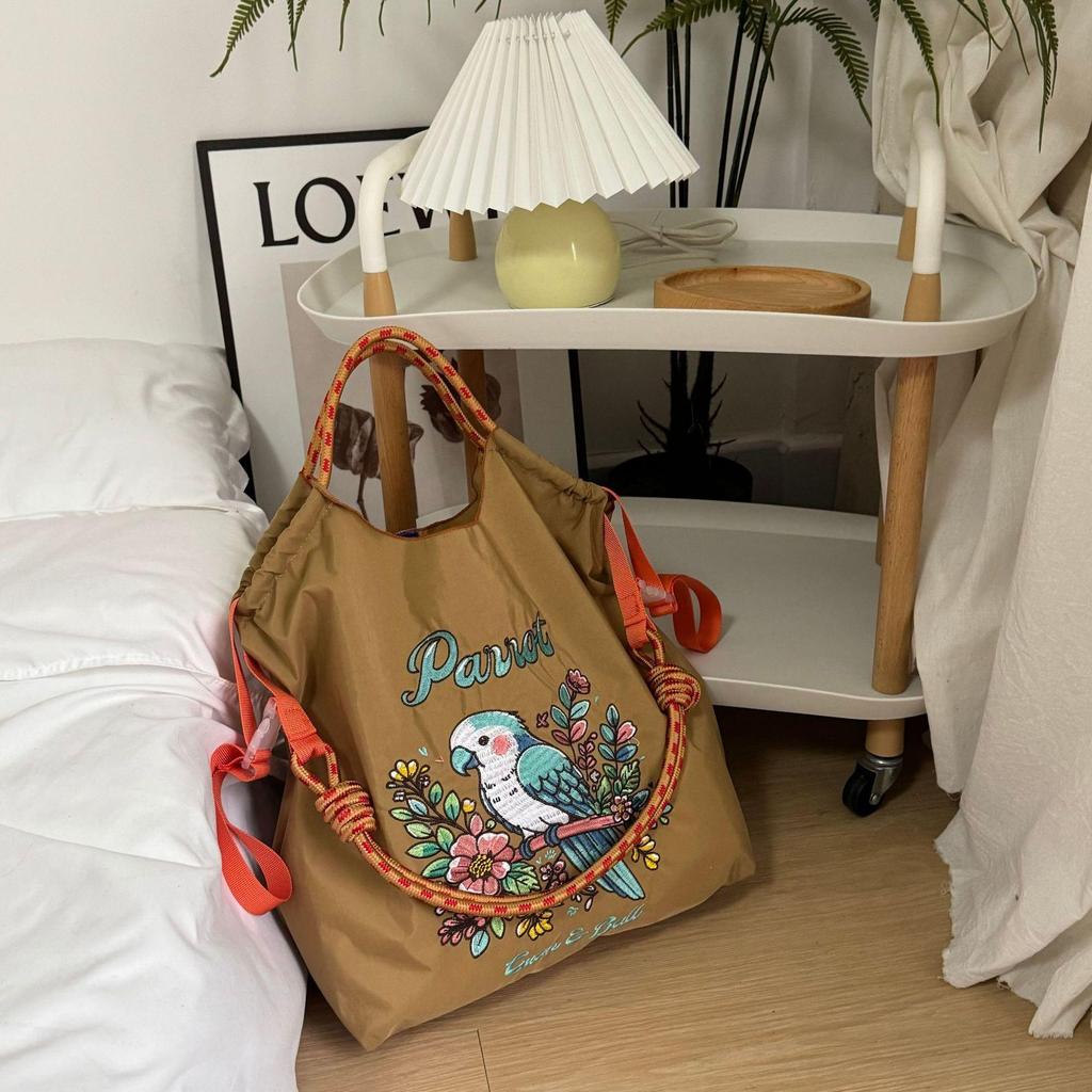 Trendy Large-Capacity Japanese-Style Nylon Embroidery Shoulder Bag for Women
