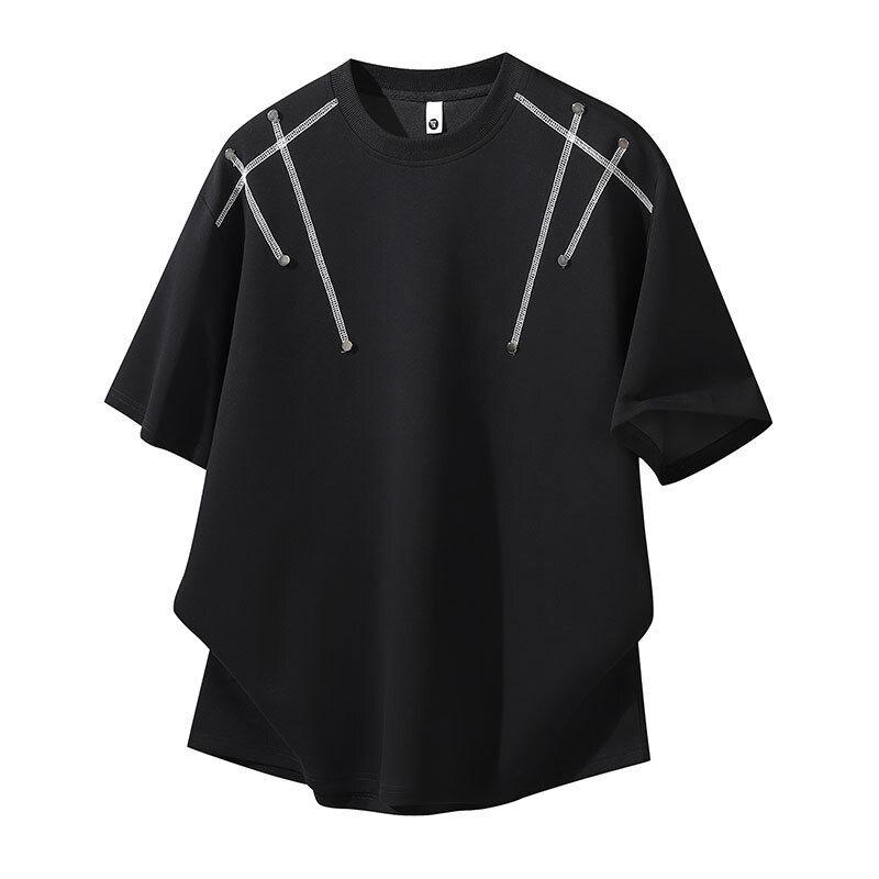 

Мужская футболка с круглым вырезом и деталями на шнурке - Повседневный свободный топ с коротким рукавом M чёрный