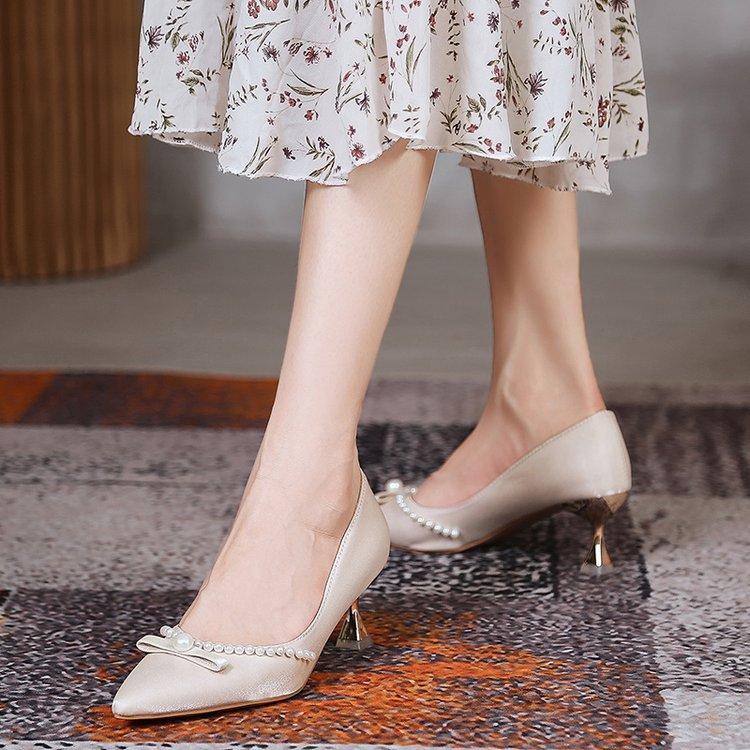 High heels women's new pointed stilettos pearl satin light mouth single shoes women