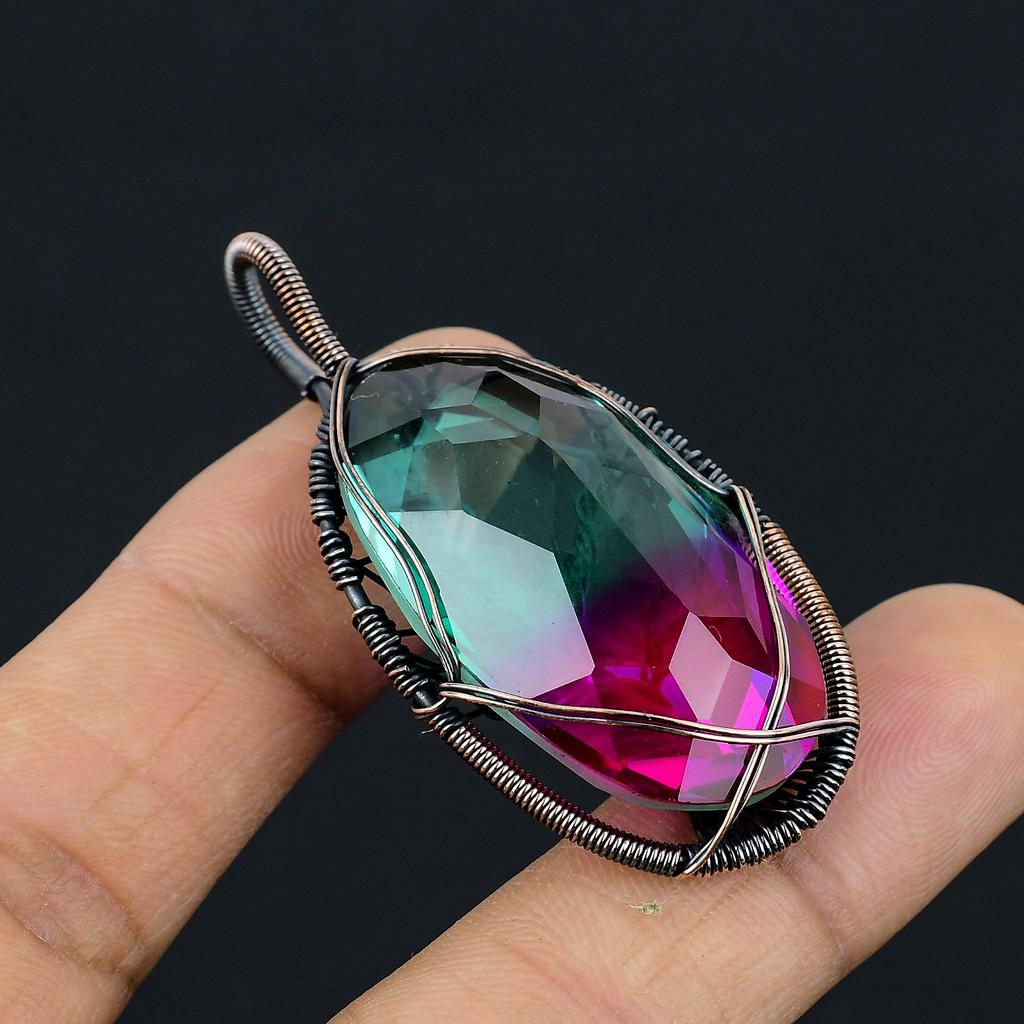 Natural Bi Color Tourmaline Gemstone Copper Wire Wrap Jewely Pendant 2.3" i3Y20