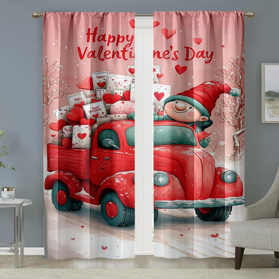 

2pcs Winter Valentine s Day Red Truck Gnome Curtains Cute Living Room Bedroom Drawbar Pocket Decoration 100*130 Rod Pocket 1pcs