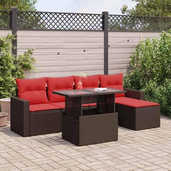 VidaXL Salon de jardin avec coussins 6pcs marron résine tressée acacia, ensemble de canapés d'extérieur, salon de jardin 3326305