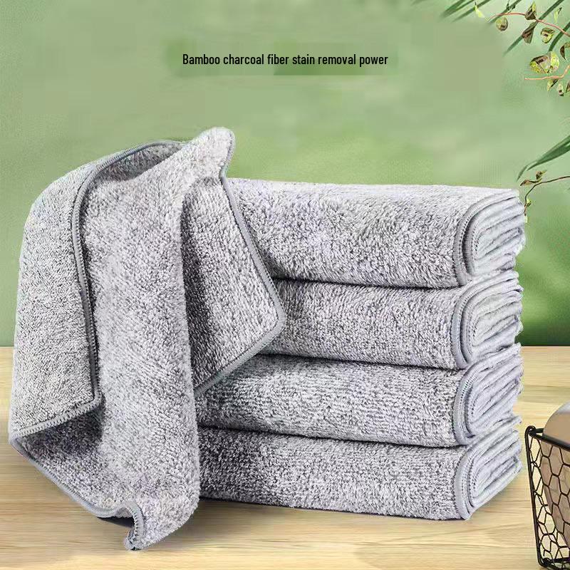 Thick Bamboo Charcoal Fleece Dishcloth - Absorbent, Oil Stain Removal, Scouring Pad for Kitchen Cleaning.