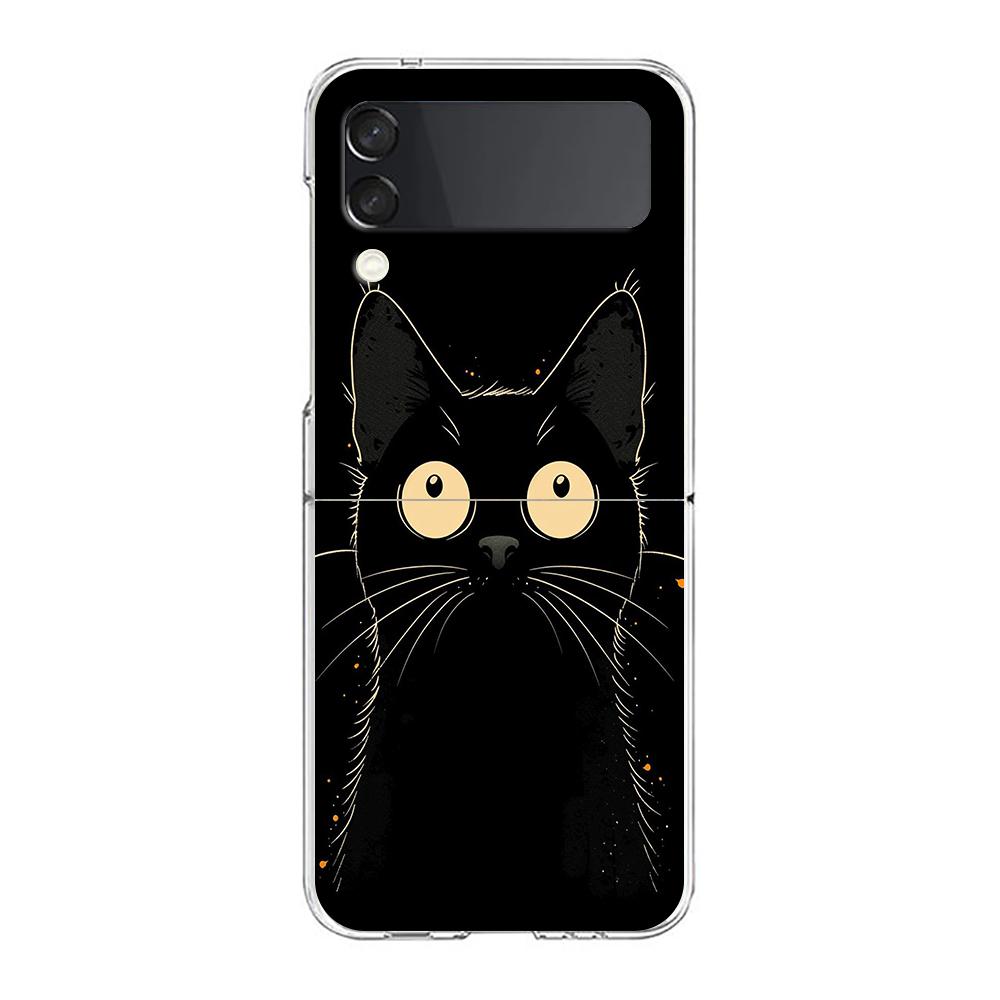 Artistic Black Cat Starry Night Phone Case For Samsung Galaxy Z Flip 3 4 5 Hard Folding Clear PC For Samsung Z Flip 6 Back Cover
