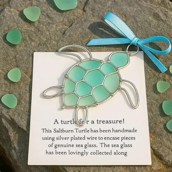 Sea Turtle Ornament with Card Sea Glass Turtle Gifts for Women Turtle Lovers Christmas Tree Hanging Decoration for Indoor Outdoor Home Decor