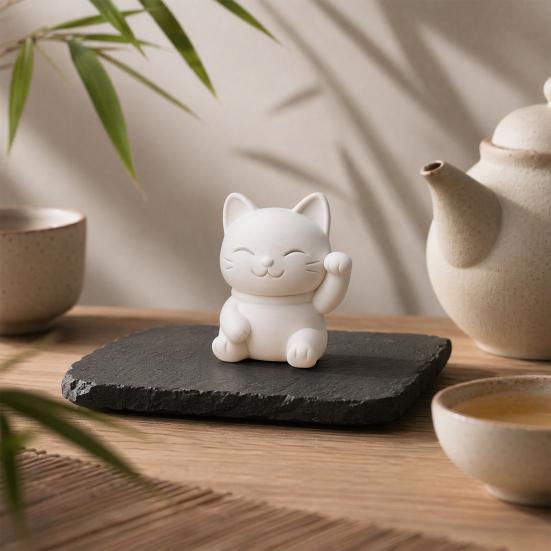 3D Printed Luck Cat Statue, Cute White Maneki Figurine, Matte White Mini Fortune Cat Ornament for Home Desk Bedroom Decor, Holiday Birthday