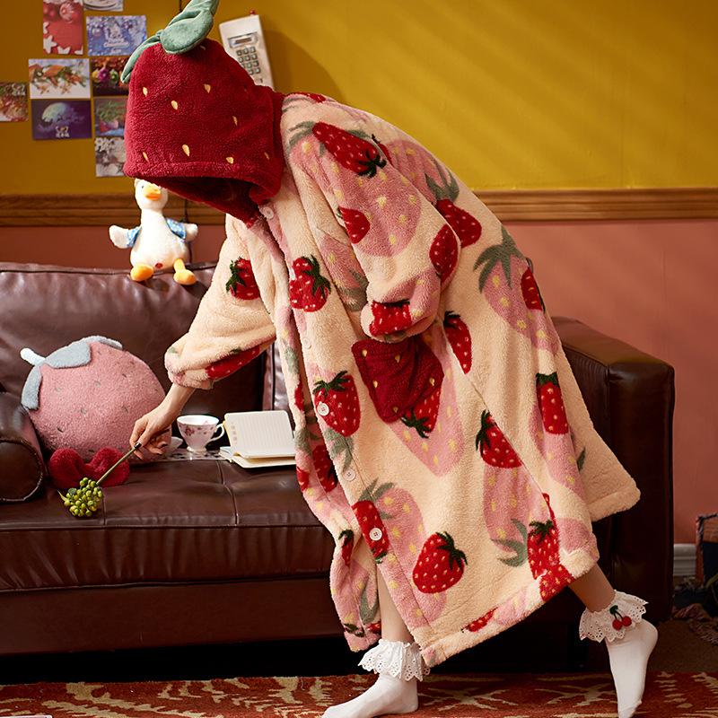 Winter-Pyjama für Damen, Erdbeer-Cartoon, lange Robe mit Kapuze, Jacke, süße Homewear, Nachtwäsche, Kawaii, Flanell, warm, bequem, Bademantel