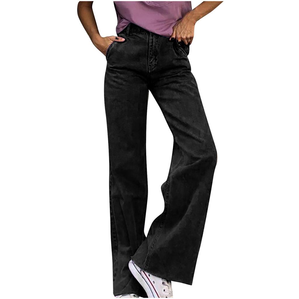 Damen Jeanshose mit hoher Taille und Taschen, einfarbig, lässig, lockere Hose mit weitem Bein
