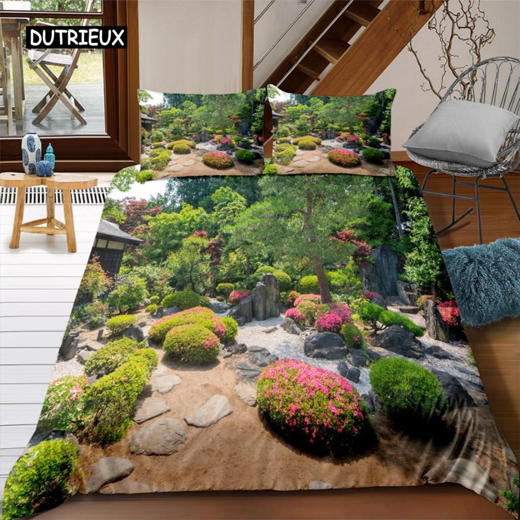 Landscape Duvet Cover Set Fake Window 3D Print Scenery Bedding Set Microfiber Landscape Waterfall Garden King Size Quilt Cover