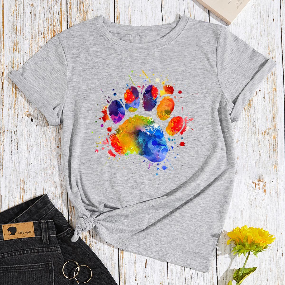 

Cotton T-Shirt Short Sleeve Round Neck Women 2d Print Tops S