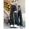 Women New Black Ripped High Waist Jeans Wide Leg Straight Loose Floor Length Thin Summer Fashion Design Denim Pants