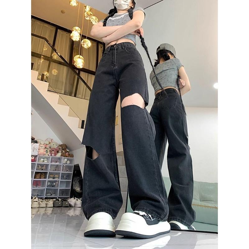 Women New Black Ripped High Waist Jeans Wide Leg Straight Loose Floor Length Thin Summer Fashion Design Denim Pants