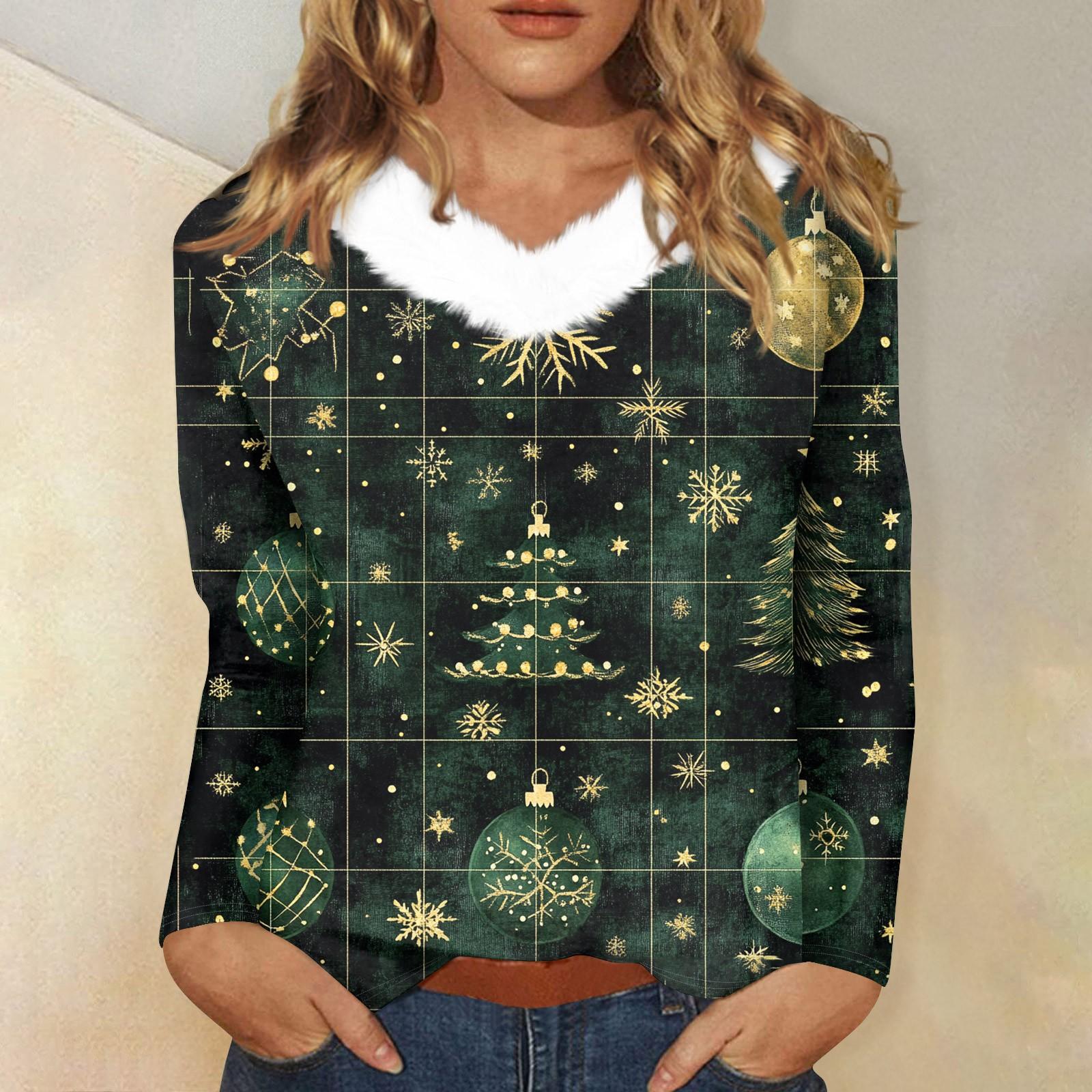 

Женская футболка с длинным рукавом, рождественская вечеринка, плюшевый воротник, топ с V-образным вырезом M