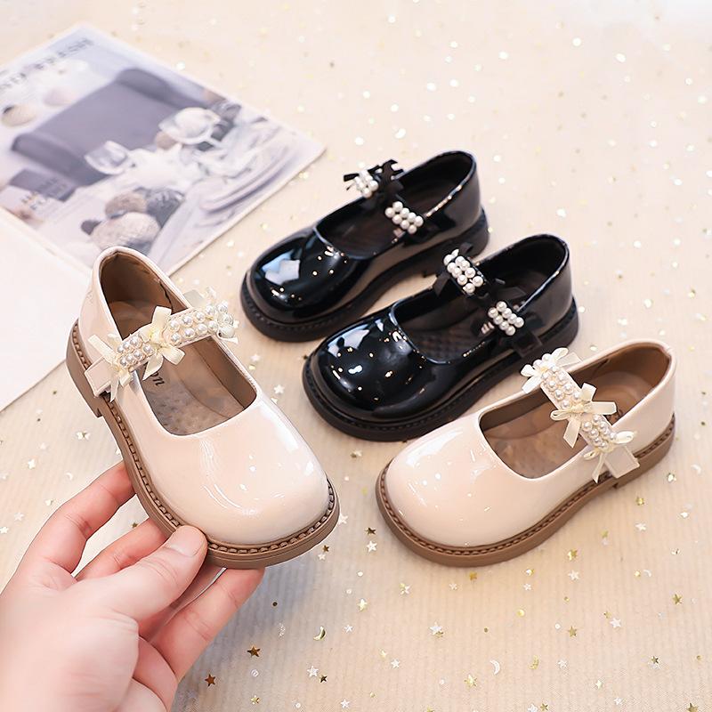 Children's Black Casual Shoes, New Autumn Fashion for Girls, Beaded Bowknot Patent Leather Princess Little Shoes
