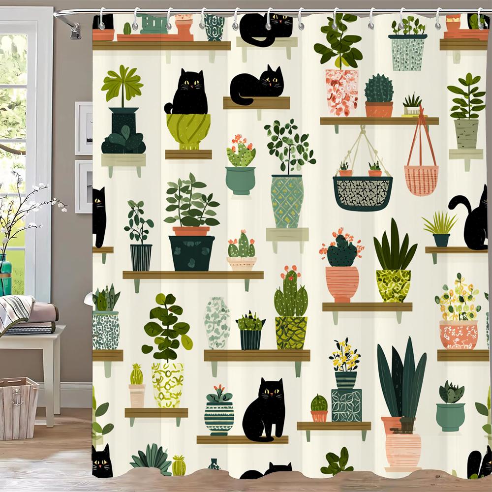 Modern Plant and Cartoon Cute Cat Shower Curtain, Bathroom Decorative Shower Curtain, Printed Polyester Home Curtain with Hooks