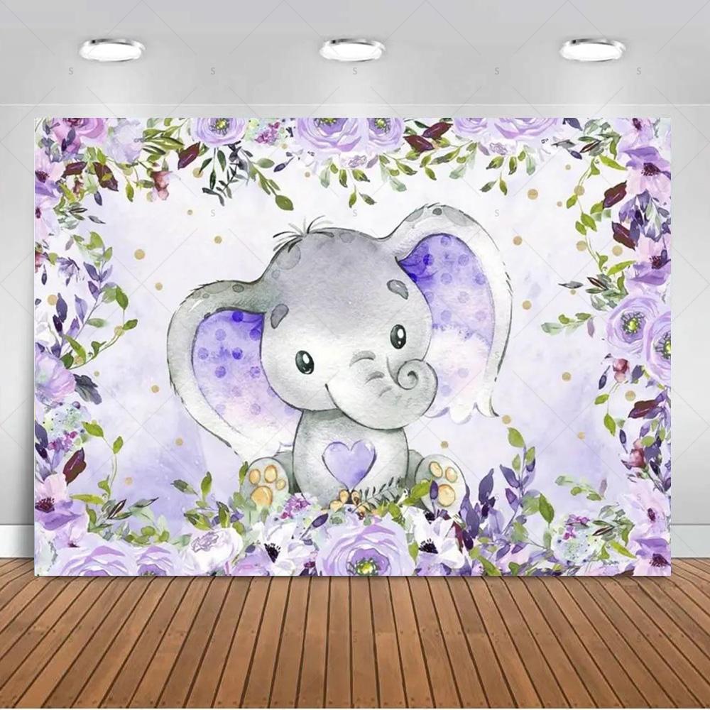 Cartoon Elephant Flower Photography Backdrop Kids Birthday Party Decor Background Baby Shower Supplies Newborn Photo Shoot Props