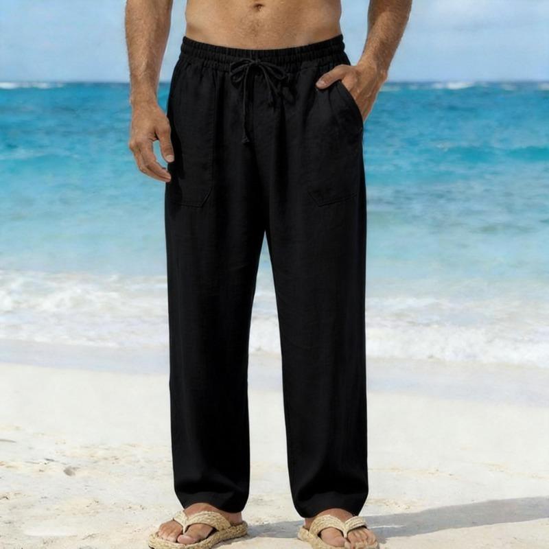 Mens Linen Drawstring Casual Straight Pants