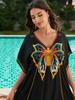 EDOLYNSA Plus Size Schwarz besticktes Kaftan Schwarzes Sommer Langes Strandkleid Damen Homewear Outfit Badeanzug Cover Up Loose Caftan