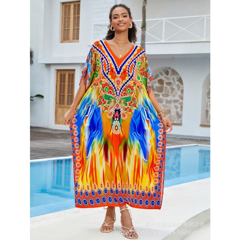 Plus Size Beach Print Dress for Women Bat Sleeve Bikini Suntan Cover Up