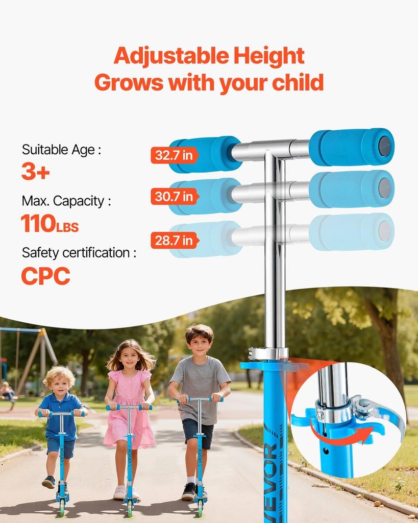 Kick Scooter for Kids Ages 3+, 2-Wheel Toddler Scooter with Light-Up Wheels, Adjustable Height Handlebar, Wide Anti-Slip Deck, Foldable Lightweight