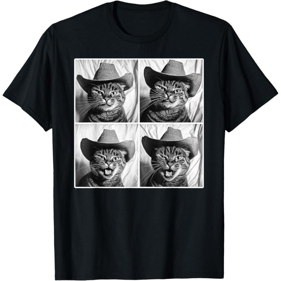 Cat in Cowboy Hat Retro Photobooth Selfie Funny Cat Meowdy T-Shirt XXXXXL чёрный