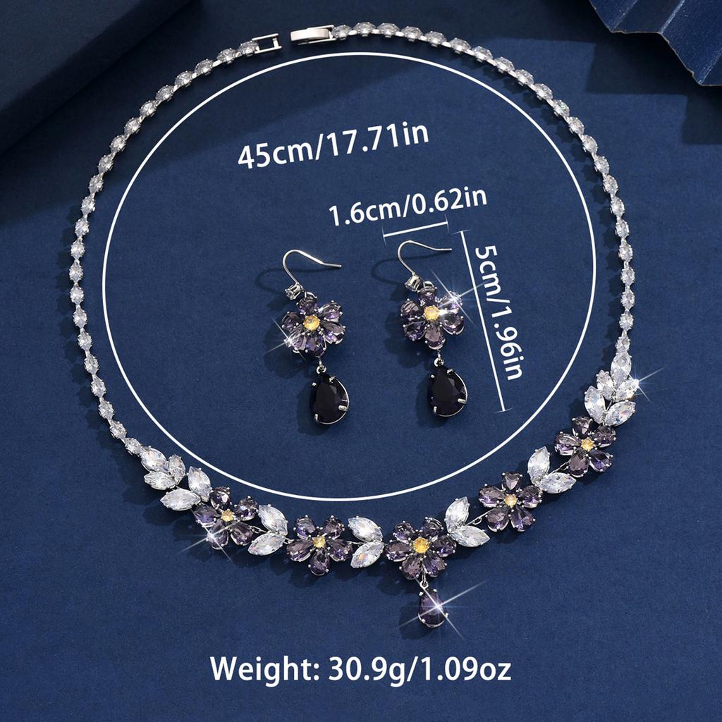 3PC Women's Fashion Zircon Flower Mystery Necklace Earrings Zircon Set Design Sense Daily Wear Festival Gift