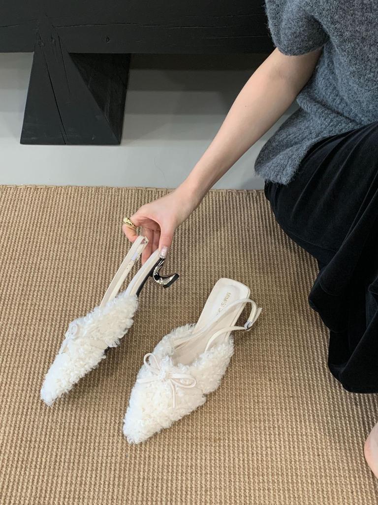 2025 Autumn and Winter New Pointed Thin Heel Plush Sandals European and American Fashion Bow Sweet Bag Head High Heel Fluffy Shoes