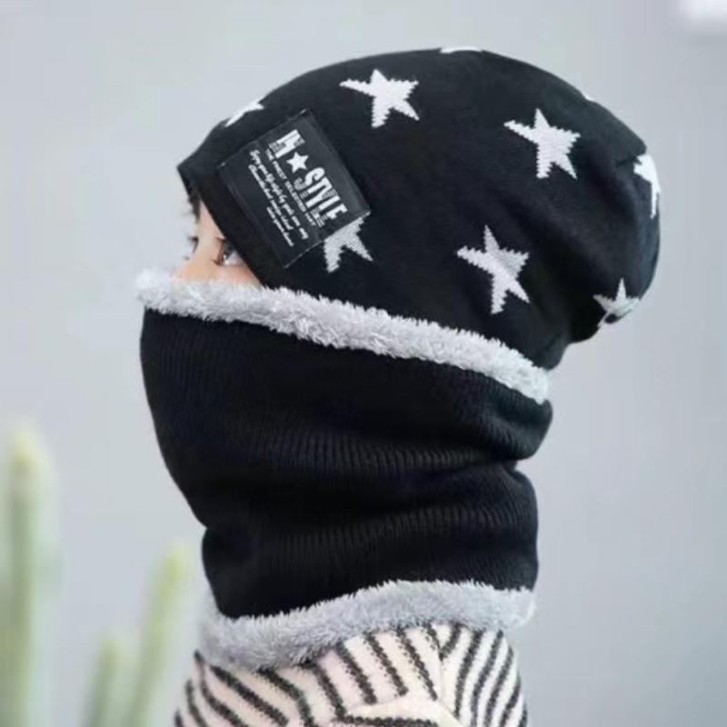 (TAGLIA)Cappelli invernali caldi lavorati a maglia con colori a contrasto in pile per set di due pezzi cappello + sciarpa per bambini