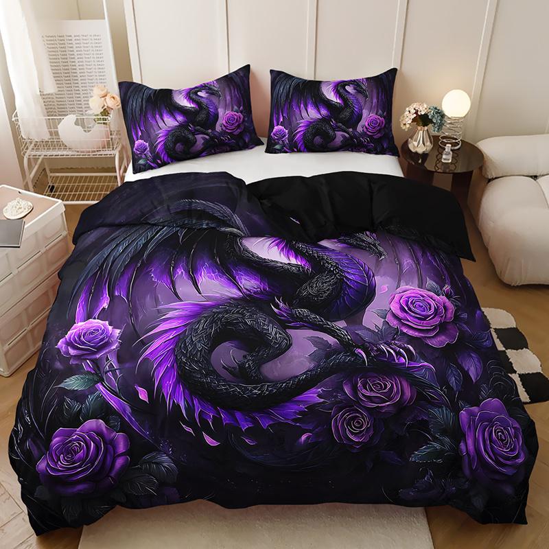 [Gothic Style Bedding] 2/3pcs Dark Purple Dragon and Rose Bedding Set, 1 Duvet Cover + 1/2 Pillowcases) Christmas Gift